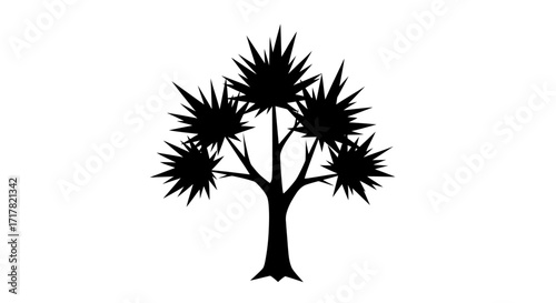 Silhouette of Unusual Tree with Star Shaped Leaves on White Background