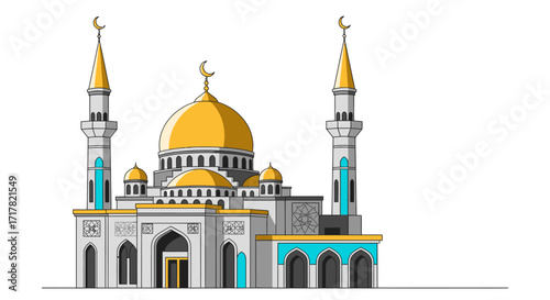 Mosque Illustration with Golden Dome and Minarets on White Background