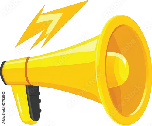 Yellow Megaphone with Lightning Bolt Symbol and Sound Waves loudspeaker bullhorn