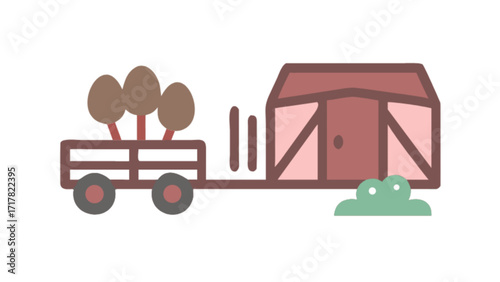 Minimalist illustration of a house on wheels and a trailer carrying trees, conveying a sense of mobility and nature