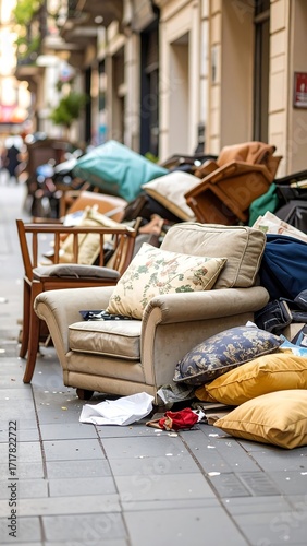 Cluttered street side piled with discarded furniture and items