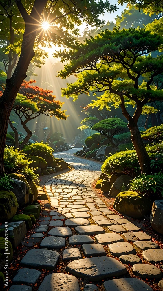 Fototapeta premium Sunlit path through a tranquil garden