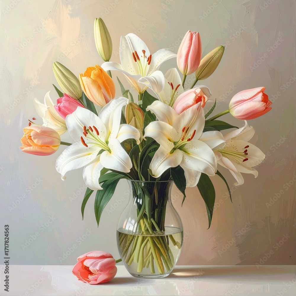 Obraz premium Stilllebens mit Lilien und Tulpen in Glasvase
