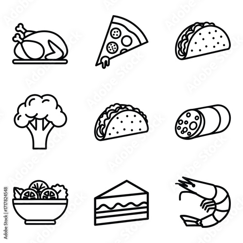 Collection of nine delicious food icons including chicken pizza tacos broccoli sausage cake and shrimp silhouette
