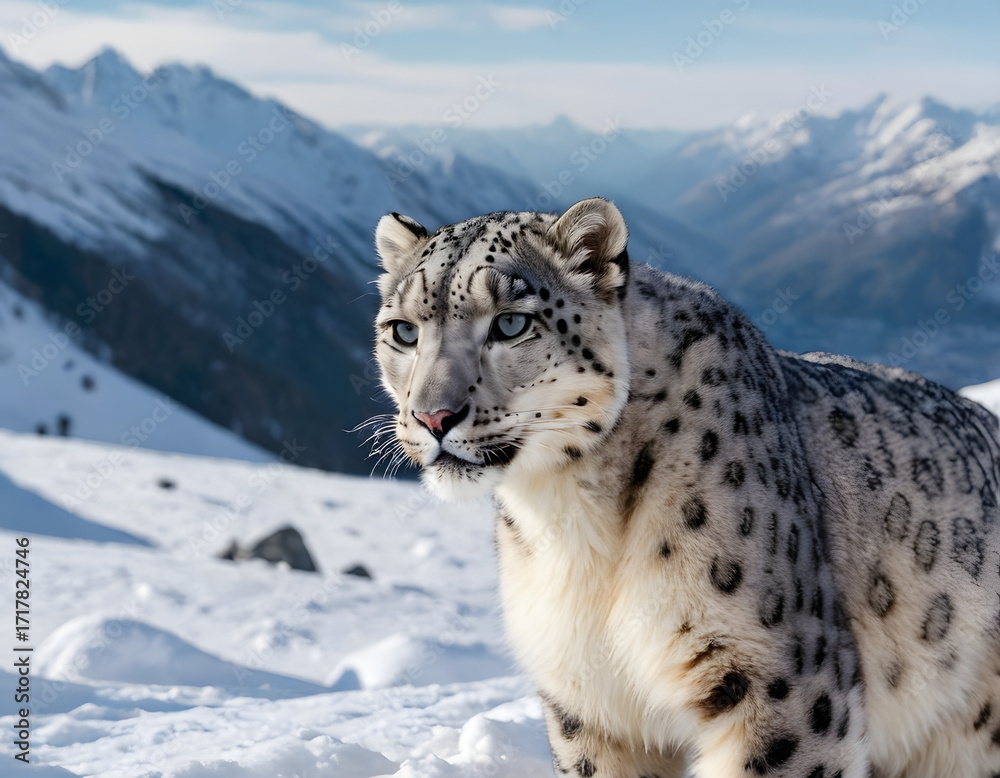 Fototapeta premium Snow leopard in the snow covered mountains., snow leopard potrait