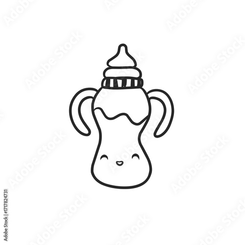 Kawaii sippy cup with handles outline vector illustration black white line art
