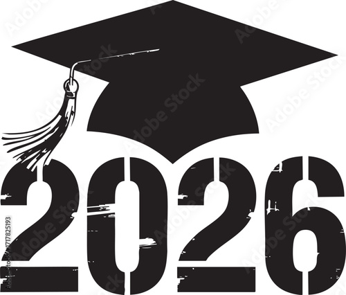 A graduation cap with a golden tassel above the year twenty twenty six in a grunge style font on white