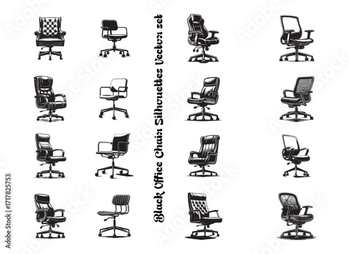Office Chair Silhouettes Vector Collection of Ergonomic, Swivel, and High Back Furniture Design