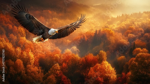 A bald eagle soars gracefully against a backdrop of pristine, snow-covered mountains.