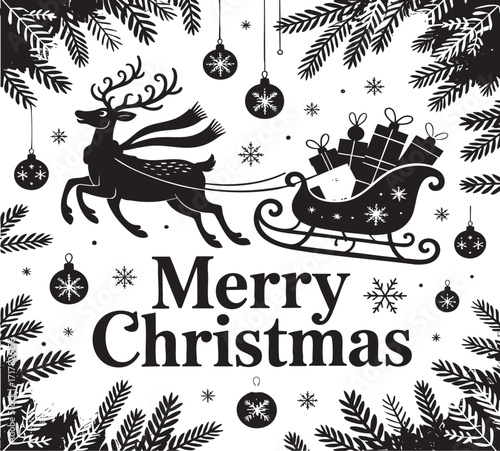 Festive merry christmas illustration with reindeer sleigh gifts ornaments and evergreen branches design