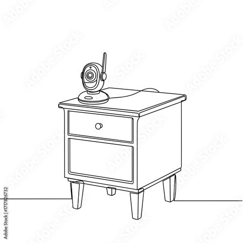 Baby monitor camera on nightstand in line art style symbolizing modern vigilance