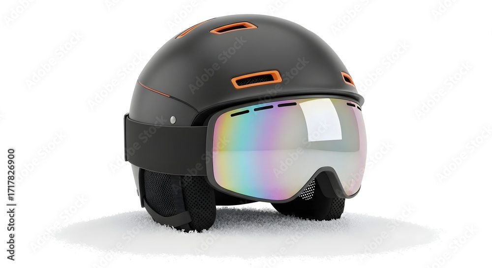 Fototapeta premium Black Motorcycle Helmet with Tinted Goggles and Orange Accents on White Background