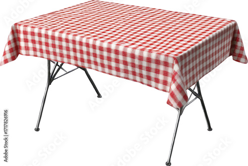 Red and White Gingham Checkered Tablecloth Draped Over a Metal Table vector illustration