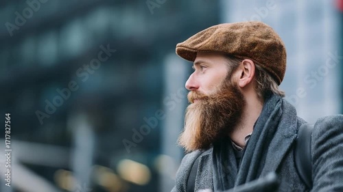 Bearded man wearing a brown flat cap, gray coat and scarf in an urban outdoor setting.