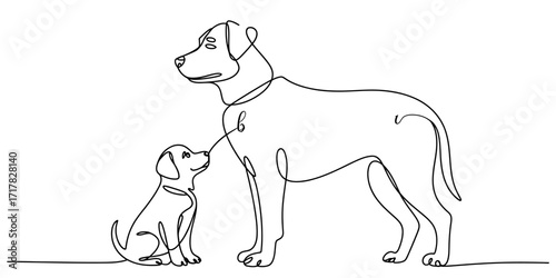 A majestic adult dog stands guard over a playful puppy outdoor scene in simple line art style vector