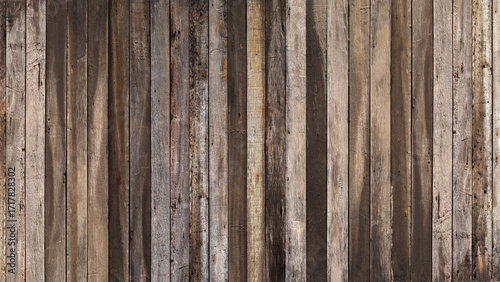 Empty dark brown plank old wooden board background. Beautiful texture and pattern panels from reused pines wood pallet. 16:9 format.