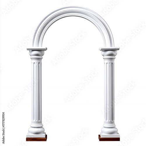White Classical Archway with Fluted Columns on White Background