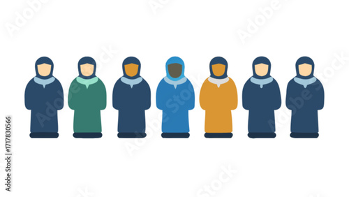 A diverse group of women wearing hijabs in various colors, symbolizing cultural diversity and female empowerment