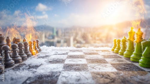 Chessboard on Fire and Ice with City Skyline Background at Sunset
