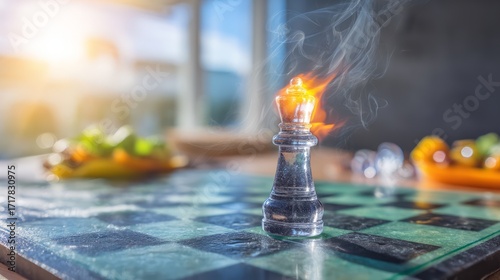 Flaming Chess Piece Creating Dynamic Visual in Indoor Setting
