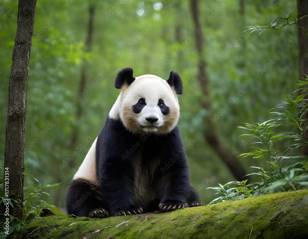 Obraz premium Giant Panda Sitting in Forest. Cute Panda in Natural Habitat. Wild Panda Resting on Mossy Ground. Endangered Panda in Bamboo Forest. Adorable Panda Sitting Peacefully in Woods