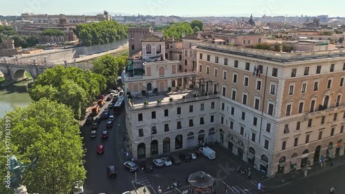 Aerial view of Rome showing Tiber River winding through the city of ancient architecture. View of the city from above. Travelling through beautiful places of Rome. High quality footage in 4k format