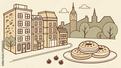 A delightful cityscape illustration featuring iconic london landmarks, delicious donuts, and charming buildings in a whimsical and inviting style
