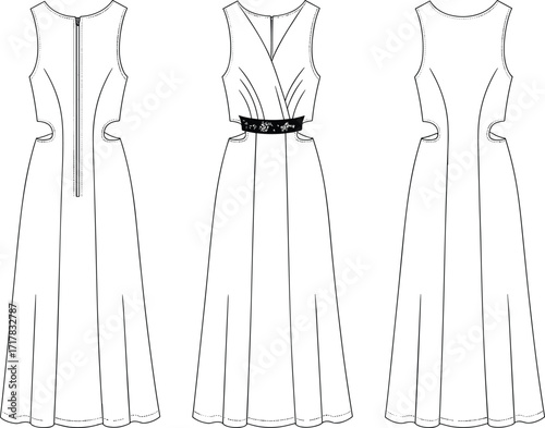 Technical flat fashion sketch vector of sleeveless long dress with deep V-neckline, waist cut-out details, floral belt, zipper back closure