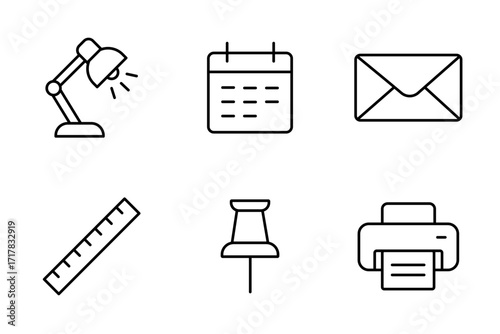A set of different office supply icons in minimalist style with editable stroke. Stationery, work tools, organization element, lamp, calendar, envelope, ruler, pushpin, printer, outline pictogram