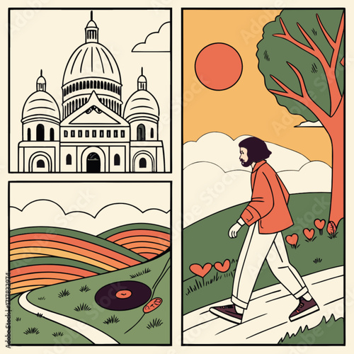 A charming illustration of parisian life and love, featuring the sacrcur basilica, rolling hills, and a romantic stroll on a sunny day