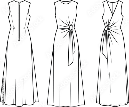 Technical flat fashion sketch vector of sleeveless floor-length dress with draped waist detail, pleated design, round neckline, zipper back closure