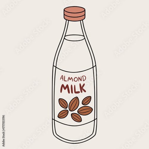 Hand drawn illustration of a bottle of almond milk with almonds on the label for healthy eating and vegan lifestyle