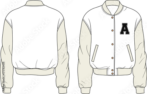 Technical flat fashion vector illustration of varsity jacket with ribbed collar cuffs waistband, button front closure, letter patch detail, front back views
