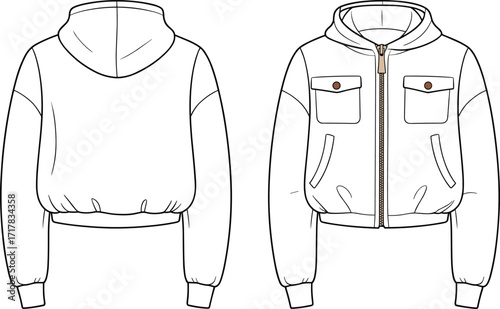 Technical flat fashion vector illustration of cropped hooded jacket with zipper front, chest flap pockets, welt pockets, ribbed cuffs waistband, front back views