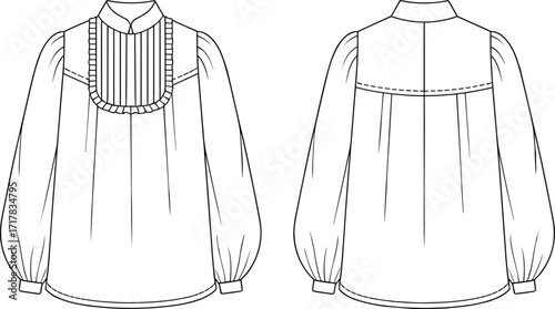 Technical flat fashion vector illustration of long sleeve blouse with pleated bib front, ruffle trim, stand collar, gathered back yoke design