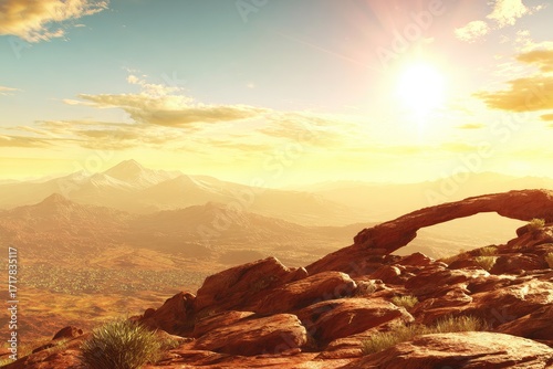 Desert archway, sunlit mountain vista