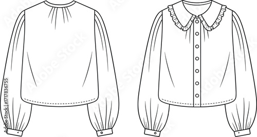 Vector illustration of elegant women’s blouse front and back view with ruffled collar, button closure, gathered sleeves, fashion design template
