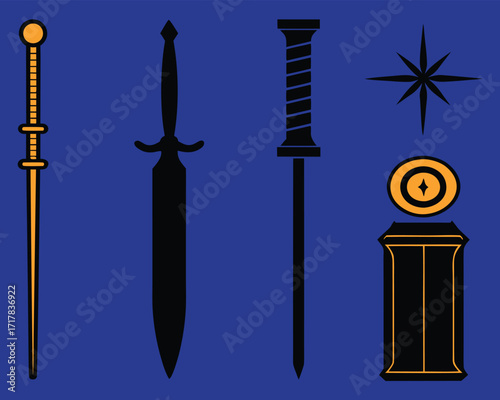 Fantasy Weapons Illustration: Swords, Staff, Star, and Ancient Artifacts Against a Blue Background