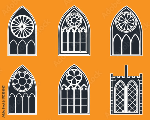 Elegant Vector Set of Gothic Church Windows Featuring Ornate Rose Designs