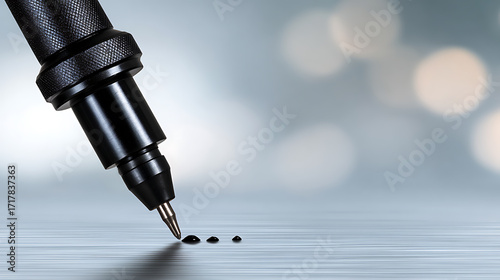 Close-up of a precision tool dispensing small droplets on a smooth surface