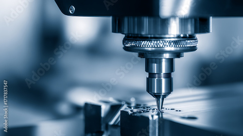 Close-up of a precision CNC milling machine drilling into a metal workpiece in an industrial setting
