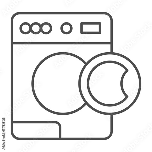 Washing machine with buttons and opened lid thin line icon, washing concept. Vector graphics. Machine for automatic washing sign on white background, outline style icon for mobile or web design.