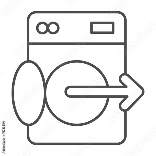 Washing machine with opened lid and arrow thin line icon, washing concept. Vector graphics. Machine for washing, unloading sign on white background, outline style icon for mobile or web design.