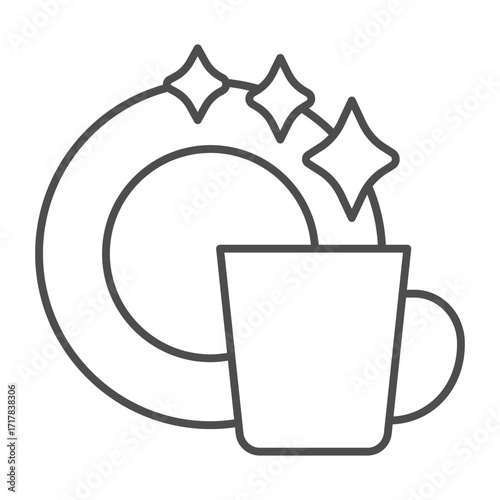 Clean plate and ceramic cup thin line icon, washing concept. Vector graphics. Dishwashing, wash sign on white background, outline style icon for mobile or web design.
