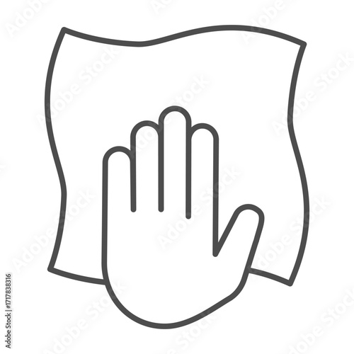 Napkin with human hand thin line icon, washing concept. Vector graphics. Hand with cloth, wash sign on white background, outline style icon for mobile or web design.