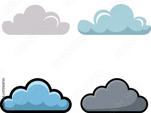 Four stylized cartoon clouds in various shades of gray and blue against a white background.