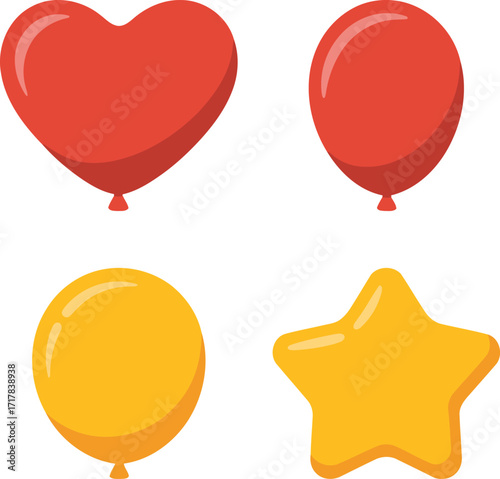 Vibrant balloons in heart, oval, and star shapes create a festive, celebratory mood.