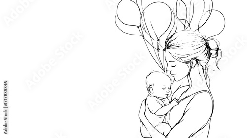 Loving mother gently holds her sleeping baby with balloons, a tender moment of motherhood and family bonding in a sketch style illustration
