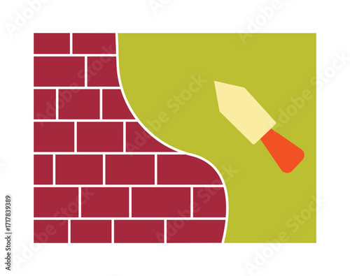 Trowel applying plaster to a brick wall. Flat illustration concept for construction, home renovation, and repair work.