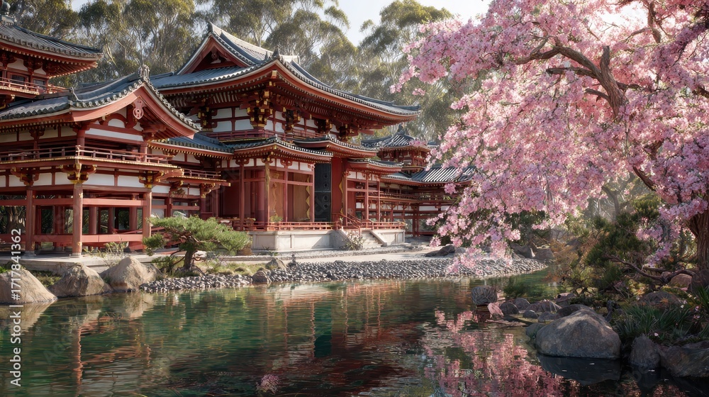 Fototapeta premium Serene Japanese Temple Garden with Blooming Cherry Blossoms